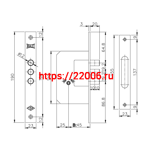 Замок Kale kilit (Кале килит) врезной крестообразный 189/3MF (45 mm) (латунь), 5 кл. фото 3