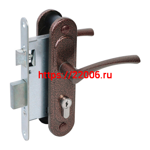 Замок Absolyute (Абсолют) врезной цилиндровый с защёлкой в комплекте с ручкой ЗВ4-3/07 (медь антик), 4 кл.
