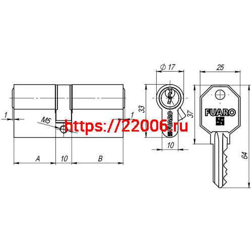 Цилиндровый Fuaro (Фуаро) механизм (100 CA/105) 1000CAKey105(30+10+65) CP хром 3Key фото 2