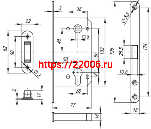 Замок межкомнатный Fuaro (Фуаро) под цилиндр MAGNET M85C-50 GR (графит) фото 3