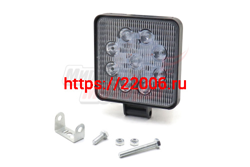 Фара светодиодная 27W 9 диодов SMD, 20мм квадрат. мет. корпус, дальний свет (Spot)