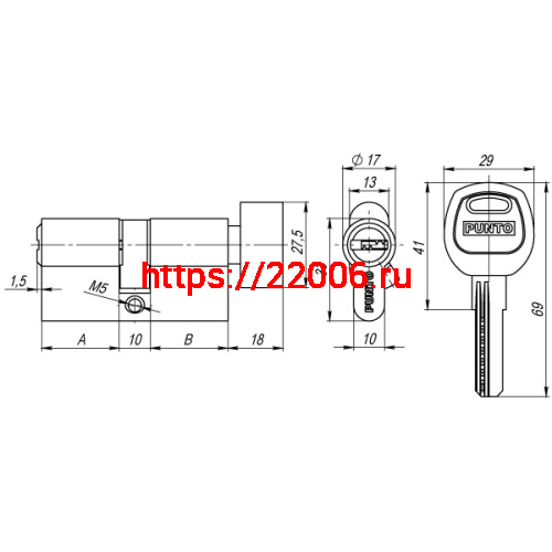 Цилиндровый Punto (Пунто) механизм (A202/60) A2002Knob60(25+10+25) с вертушкой PB латунь фото 3