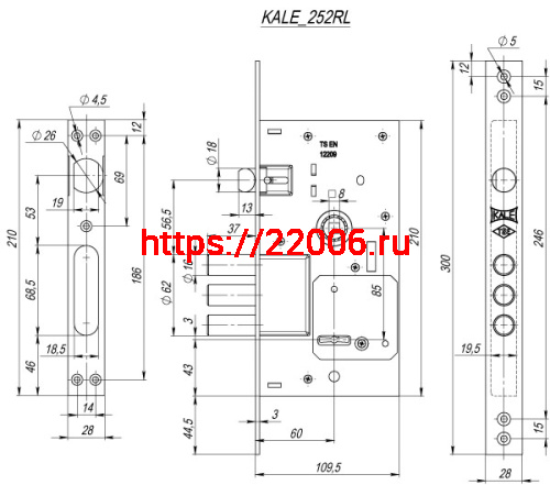 Замок Kale kilit (Кале килит) врезной сувальдный с защёлкой 252/RL (тех. комплектация), 4 кл. (кл. 60 мм) фото 3