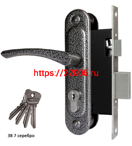 Замок Omega (Омега) врезной цилиндровый с защёлкой в комплекте с ручкой ЗВ7 (серебро), 4 кл.