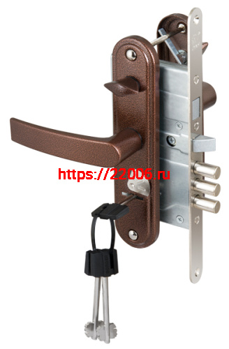 Замок Sam (Сам) врезной сувальдный с защёлкой в компл с ручкой ЗВ9-8.3/13(КЛП5-85)прав (медн ант), 3 кл/88010/