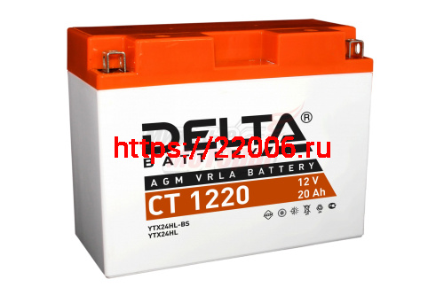 Аккумулятор 12В20Ач DELTA CT1220 (Y50-N18L-A3) (кислотн, герметичный) (обратн полярн) (205*89*163мм) (ArcticCat, Brp-Sci-Doo, Kawasaki, Polaris750, Ya