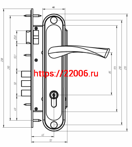 Замок Absolyute (Абсолют) врезной цилиндровый с защёлкой в комплекте с ручкой ЗВ4-85/07 (медь антик), 4 кл. фото 2
