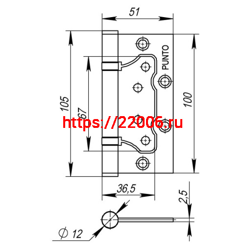 Петля Punto (Пунто) универсальная без врезки IN4200W SC (200-2B 100x2,5) мат. хром фото 3