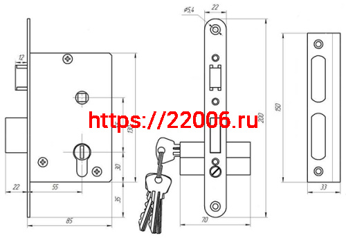 Замок Zenit (Зенит) врезной цилиндровый с защёлкой в комплекте с ручкой ЗВ4-3.01 (медь), 4 кл. фото 2