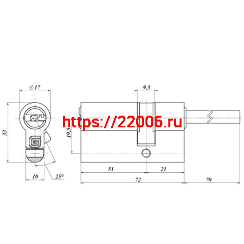 Цилиндровый Guardian (Гардиан) механизм со штоком GB 72 мм (51/21/70SH) G латунь 5 кл. /128:4397/ - снят с производства фото 2