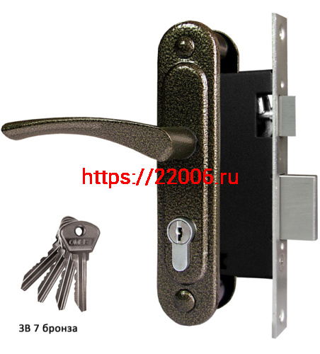 Замок Omega (Омега) врезной цилиндровый с защёлкой в комплекте с ручкой ЗВ7 (бронза), 4 кл.