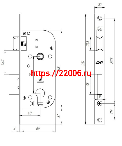 Замок Zenit (Зенит) врезной цилиндровый с защёлкой в комплекте с ручкой ЗВ7-70.4-02 (золото лак), 5 кл. фото 3