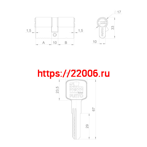 Цилиндровый Punto (Пунто) механизм Z3000Key90(40+10+40) СP хром фото 3