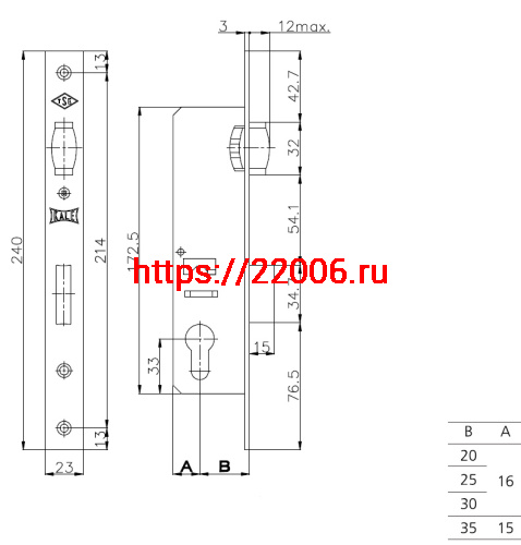 Замок Kale kilit (Кале килит) врезной цилиндровый узкопроф.155 (20 mm) (латунь) 3 кл. фото 3