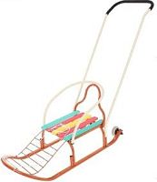 Санки Кирюша-4К (2 обрезиненых колеса, продольная рейка, подножка, съемная спинка, овальный полоз 30х15мм, 2-х сторонний толкатель) (в уп.2шт!)