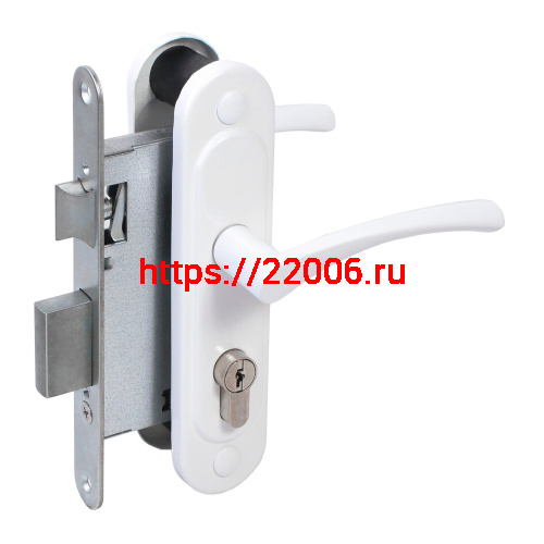 Замок Absolyute (Абсолют) врезной цилиндровый с защёлкой в комплекте с ручкой ЗВ4-3/07 (белый глянец), 4 кл.