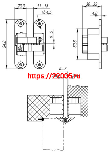 Петля Armadillo (Армадилло) скрытой установки U3D4200L SN левая (Architect 3D-ACH 40) мат. никель 40 кг фото 4