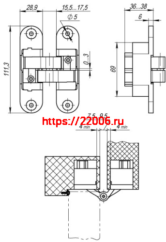 Петля Armadillo (Армадилло) скрытой установки U3D6200L SN левая (Architect 3D-ACH 60) мат. никель 60 кг фото 4