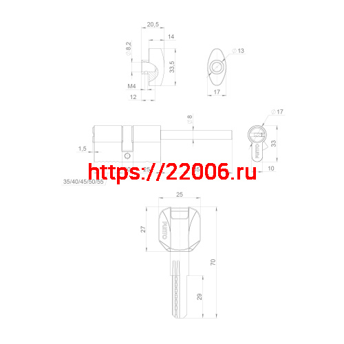 Цилиндровый Punto (Пунто) механизм (Z407/85) Z4007Tang85(50+10+25) со штоком CP хром фото 4