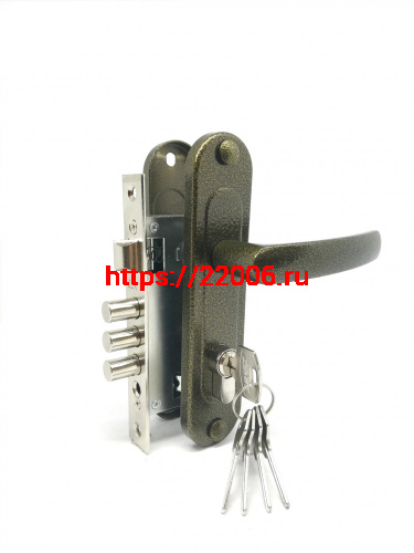 Замок Zenit (Зенит) врезной цилиндровый с защёлкой в комплекте с ручкой ЗВ7-60.1-02 (бронза), 5 кл.