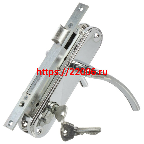 Замок Omega (Омега) врезной цилиндровый с защёлкой в комплекте с ручкой ЗВ4-70.27 (хром), 4 кл.