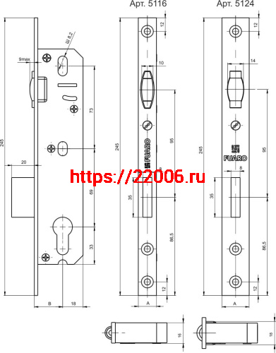 Корпус Fuaro (Фуаро) узкопрофильного замка с роликовой защёлкой PROF5116-25 CP хром фото 3