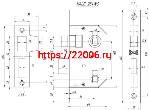 Защелка Kale kilit (Кале килит) врезная 251 WC (44 mm) (никель), прав. фото 3