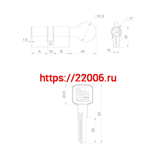 Цилиндровый Punto (Пунто) механизм Z3002Knob80(35+10+35) с вертушкой CP хром фото 3