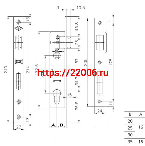 Корпус Kale kilit (Кале килит) узкопрофильного замка с защёлкой 153 (30 mm) w/b (никель) фото 3